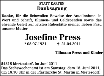Traueranzeige von Josefine Press von TRIERISCHER VOLKSFREUND