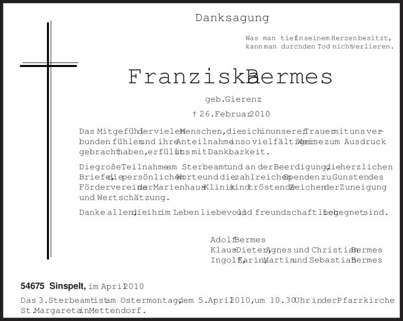  Traueranzeige für Franziska Bermes vom 03.04.2010 aus TRIERISCHER VOLKSFREUND