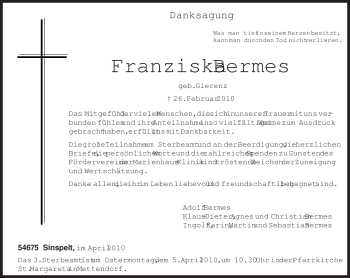 Traueranzeige von Franziska Bermes von TRIERISCHER VOLKSFREUND
