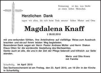 Traueranzeige von Magdalena Knaff von TRIERISCHER VOLKSFREUND