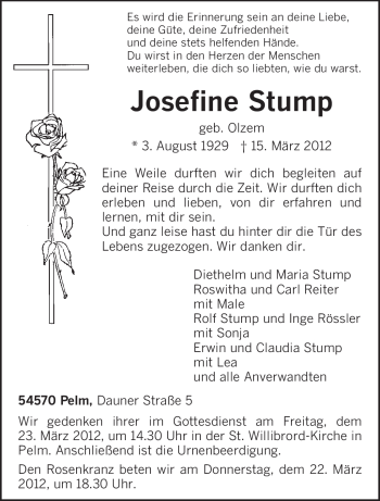 Traueranzeige von Josefine Stump von TRIERISCHER VOLKSFREUND