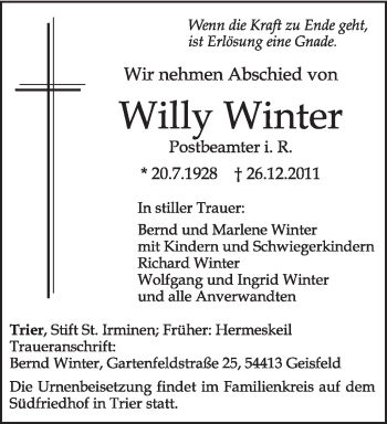 Traueranzeige von Willy Winter von TRIERISCHER VOLKSFREUND
