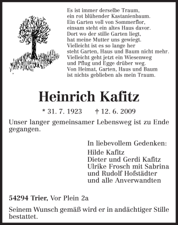 Traueranzeige von Heinrich Kafitz von TRIERISCHER VOLKSFREUND