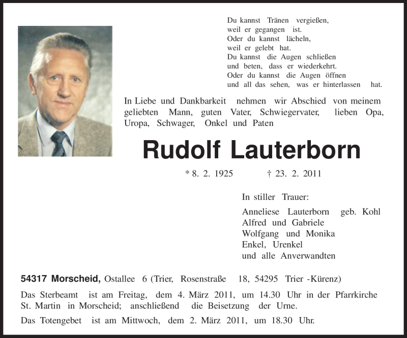  Traueranzeige für Rudolf Lauterborn vom 01.03.2011 aus TRIERISCHER VOLKSFREUND