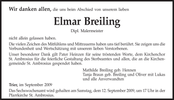 Traueranzeige von Elmar Breiling von TRIERISCHER VOLKSFREUND