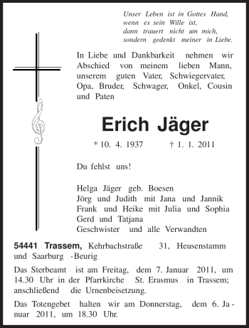 Traueranzeige von Erich Jäger von TRIERISCHER VOLKSFREUND