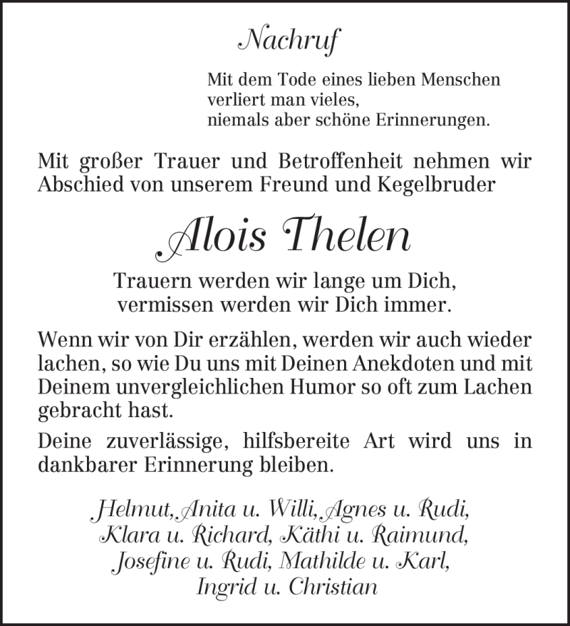 Traueranzeige für Alois Thelen vom 07.08.2009 aus TRIERISCHER VOLKSFREUND