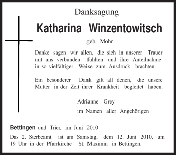 Traueranzeige von Katharina Winzentowitsch von TRIERISCHER VOLKSFREUND