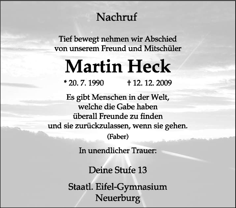  Traueranzeige für Martin Heck vom 15.12.2009 aus TRIERISCHER VOLKSFREUND
