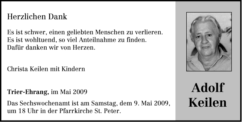  Traueranzeige für Adolf Keilen vom 02.05.2009 aus TRIERISCHER VOLKSFREUND