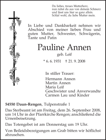 Traueranzeige von Pauline Annen von TRIERISCHER VOLKSFREUND