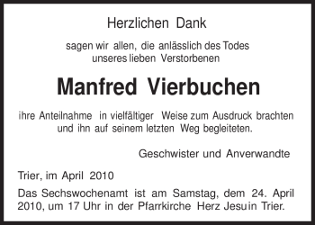 Traueranzeige von Manfred Vierbuchen von TRIERISCHER VOLKSFREUND