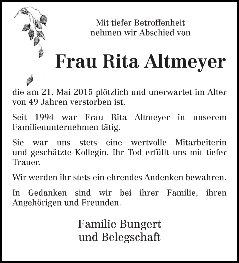  Traueranzeige für Rita Altmeyer vom 28.05.2015 aus trierischer_volksfreund