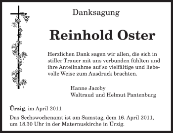 Traueranzeige von Reinhold Oster von TRIERISCHER VOLKSFREUND