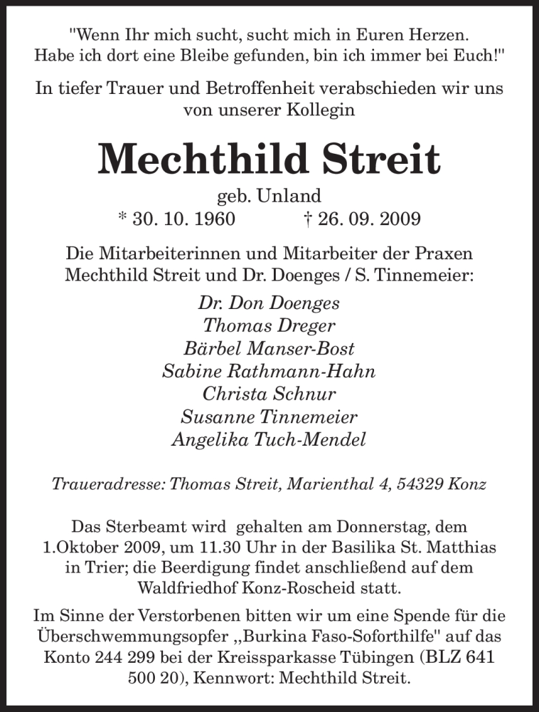  Traueranzeige für Mechthild Streit vom 30.09.2009 aus TRIERISCHER VOLKSFREUND