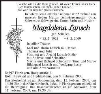 Traueranzeige von Magdalena Lansch von TRIERISCHER VOLKSFREUND