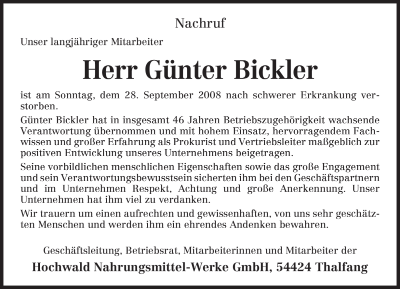  Traueranzeige für Günter Bickler vom 02.10.2008 aus TRIERISCHER VOLKSFREUND