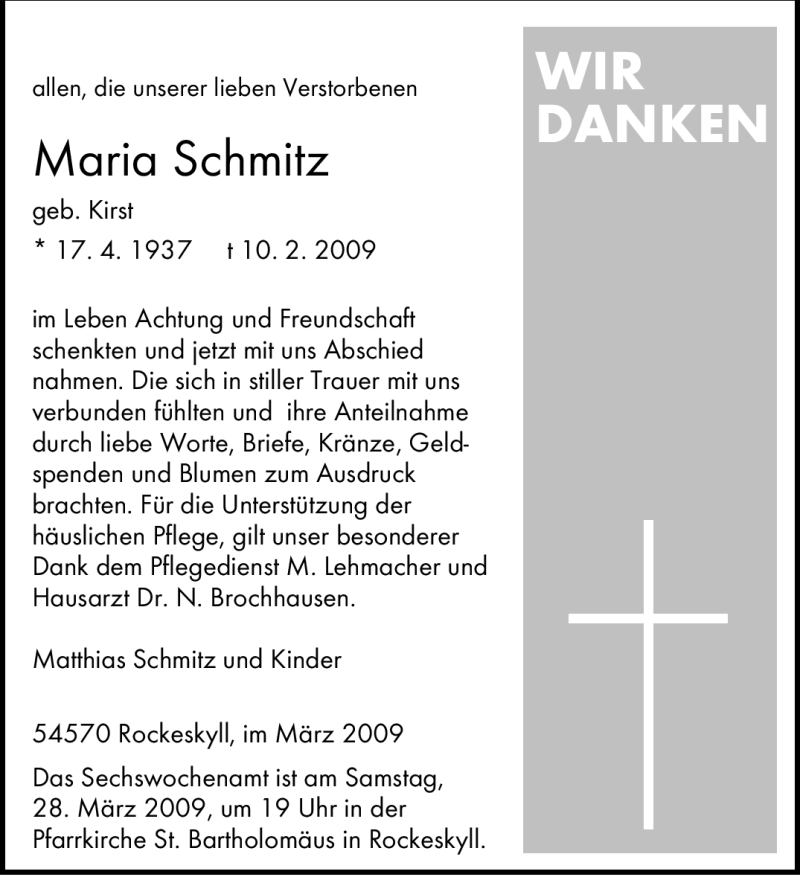  Traueranzeige für Maria Schmitz vom 21.03.2009 aus TRIERISCHER VOLKSFREUND