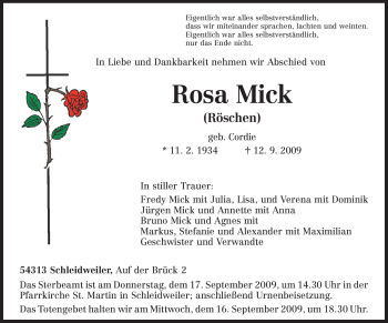 Traueranzeige von Rosa Mick von TRIERISCHER VOLKSFREUND