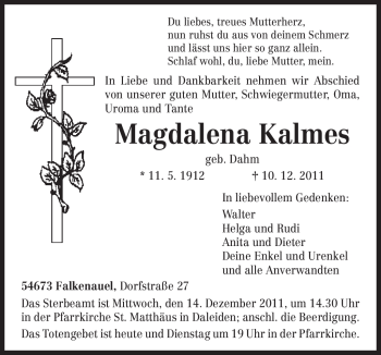 Traueranzeige von Magdalena Kalmes von TRIERISCHER VOLKSFREUND