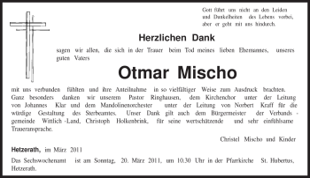 Traueranzeige von Otmar Mischo von TRIERISCHER VOLKSFREUND