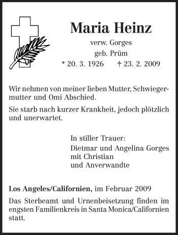 Traueranzeige von Maria Heinz von TRIERISCHER VOLKSFREUND