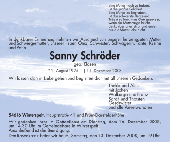 Traueranzeige von Sanny Schröder von TRIERISCHER VOLKSFREUND