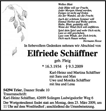 Traueranzeige von Elfriede Schäffner von TRIERISCHER VOLKSFREUND
