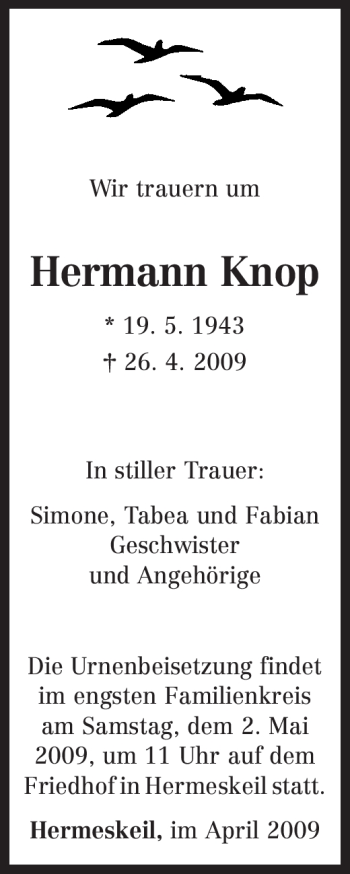 Traueranzeige von Hermann Knop von TRIERISCHER VOLKSFREUND