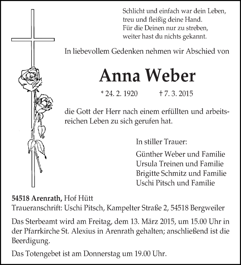  Traueranzeige für Anna Weber vom 11.03.2015 aus trierischer_volksfreund