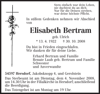 Traueranzeige von Elisabeth Bertram von TRIERISCHER VOLKSFREUND