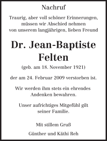Traueranzeige von Jean-Baptiste Felten von TRIERISCHER VOLKSFREUND