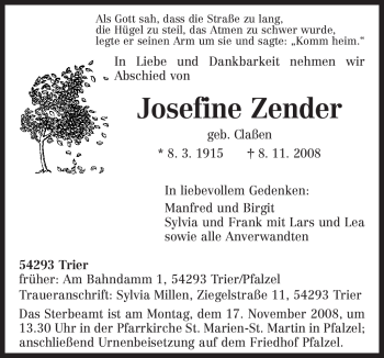 Traueranzeige von Josefine Zender von TRIERISCHER VOLKSFREUND