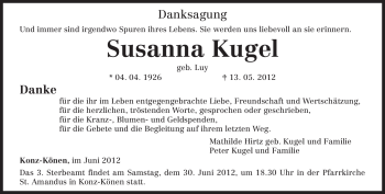 Traueranzeige von Susanna Kugel von TRIERISCHER VOLKSFREUND