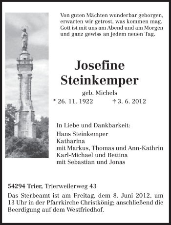 Traueranzeige von Josefine Steinkemper von TRIERISCHER VOLKSFREUND