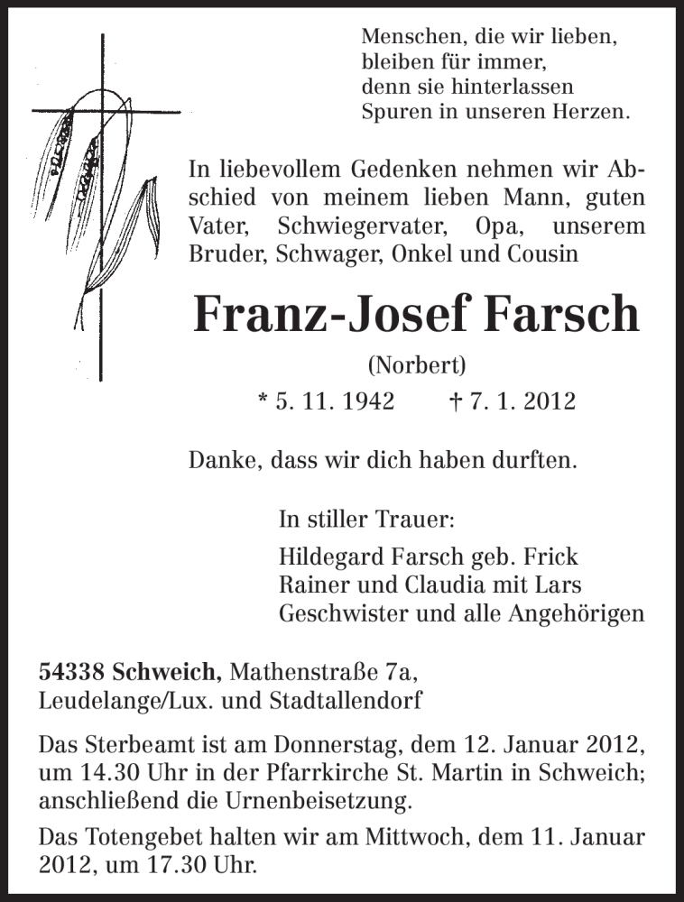  Traueranzeige für Franz-Josef Farsch vom 09.01.2012 aus TRIERISCHER VOLKSFREUND