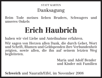 Traueranzeige von Erich Haubrich von TRIERISCHER VOLKSFREUND