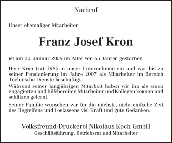 Traueranzeige von Franz Josef Kron von TRIERISCHER VOLKSFREUND