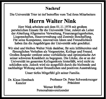 Traueranzeige von Walter Nink von TRIERISCHER VOLKSFREUND