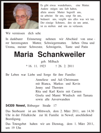 Traueranzeige von Maria Schankweiler von TRIERISCHER VOLKSFREUND