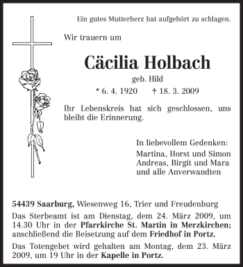 Traueranzeige von Cäcilia Holbach von TRIERISCHER VOLKSFREUND