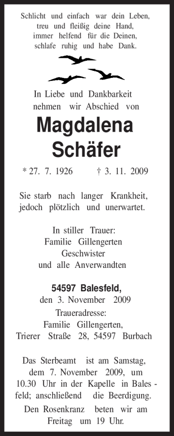 Traueranzeige von Magdalena Schäfer von TRIERISCHER VOLKSFREUND