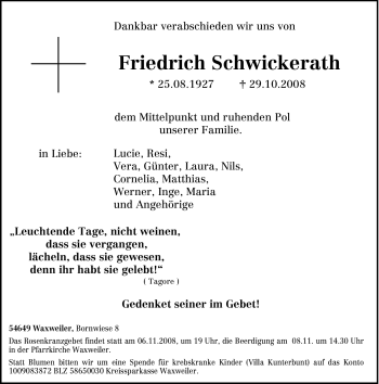 Traueranzeige von Friedrich Schwickerath von TRIERISCHER VOLKSFREUND