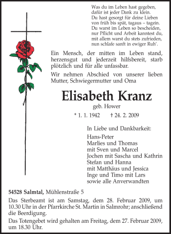 Traueranzeige von Elisabeth Kranz von TRIERISCHER VOLKSFREUND