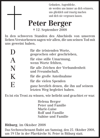 Traueranzeige von Peter Berger von TRIERISCHER VOLKSFREUND