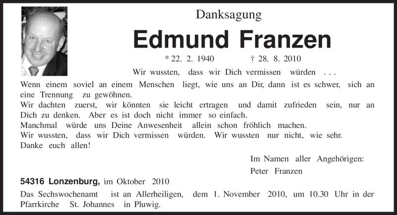  Traueranzeige für Edmund Franzen vom 23.10.2010 aus TRIERISCHER VOLKSFREUND