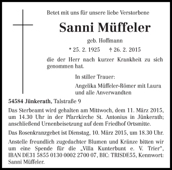 Traueranzeige von Sanni Müffeler von trierischer_volksfreund