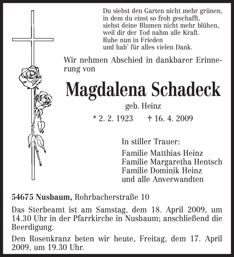  Traueranzeige für Magdalena Schadeck vom 17.04.2009 aus TRIERISCHER VOLKSFREUND