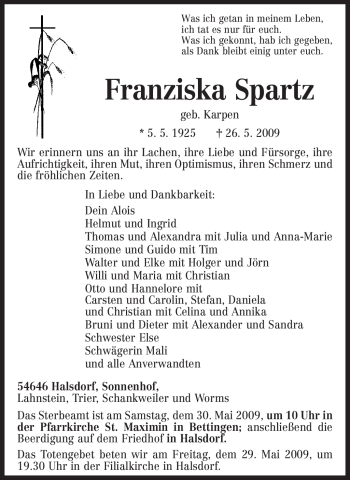 Traueranzeige von Franziska Spartz von TRIERISCHER VOLKSFREUND