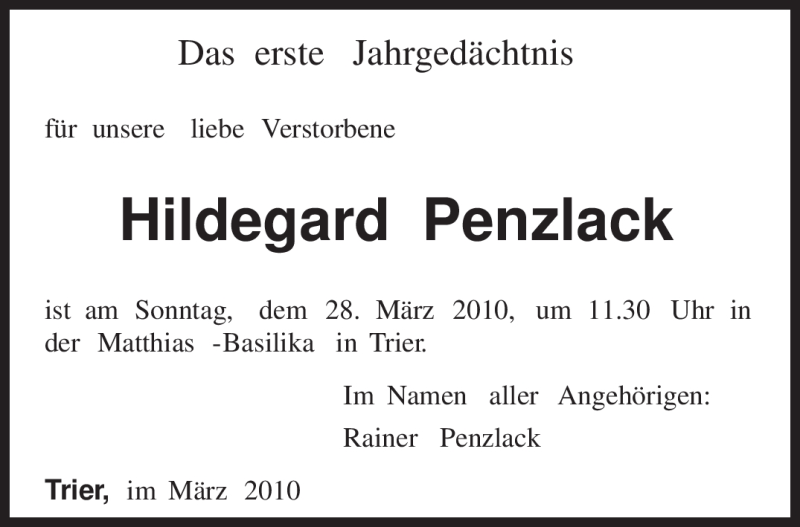  Traueranzeige für Hildegard Penzlack vom 24.03.2010 aus TRIERISCHER VOLKSFREUND